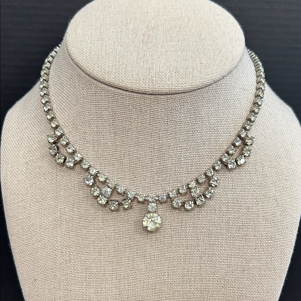 Vintage Crystal Rhinestone Drop Silver-Tone Necklace